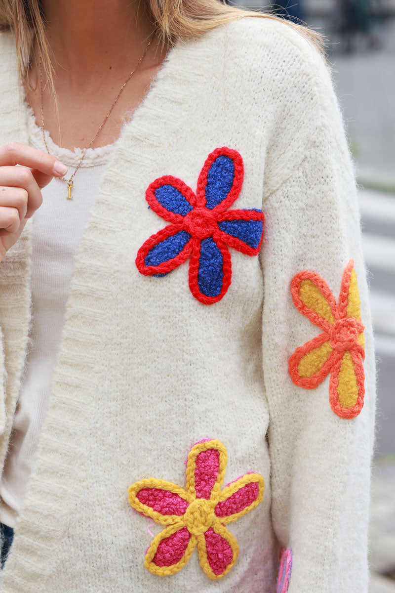 Ecru soft knit cardigan with vibrant flower embroidery