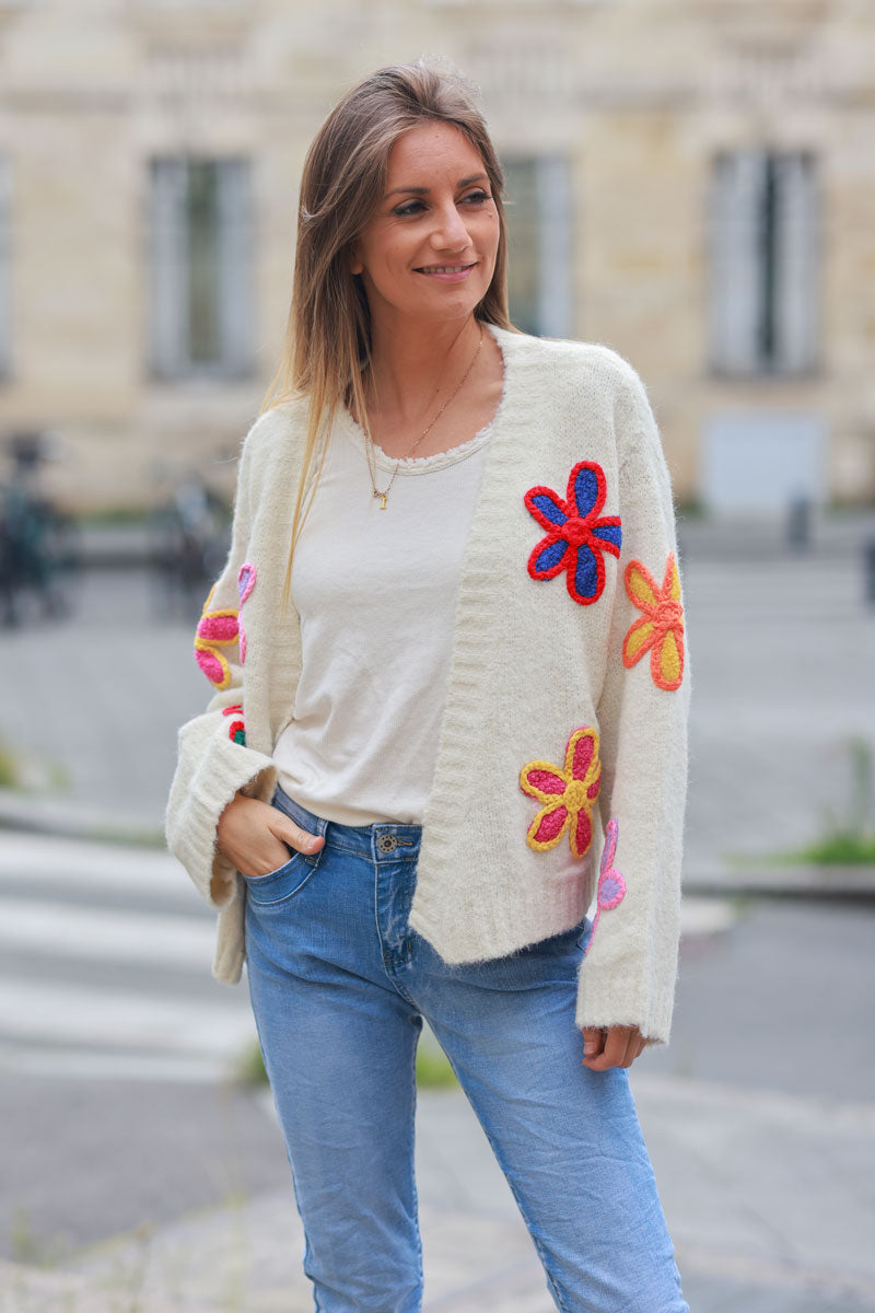 Ecru soft knit cardigan with vibrant flower embroidery