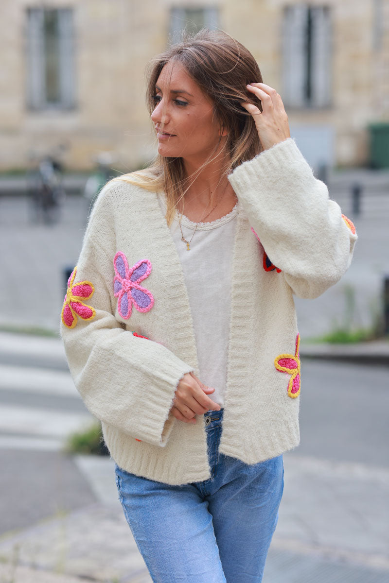 Ecru soft knit cardigan with vibrant flower embroidery