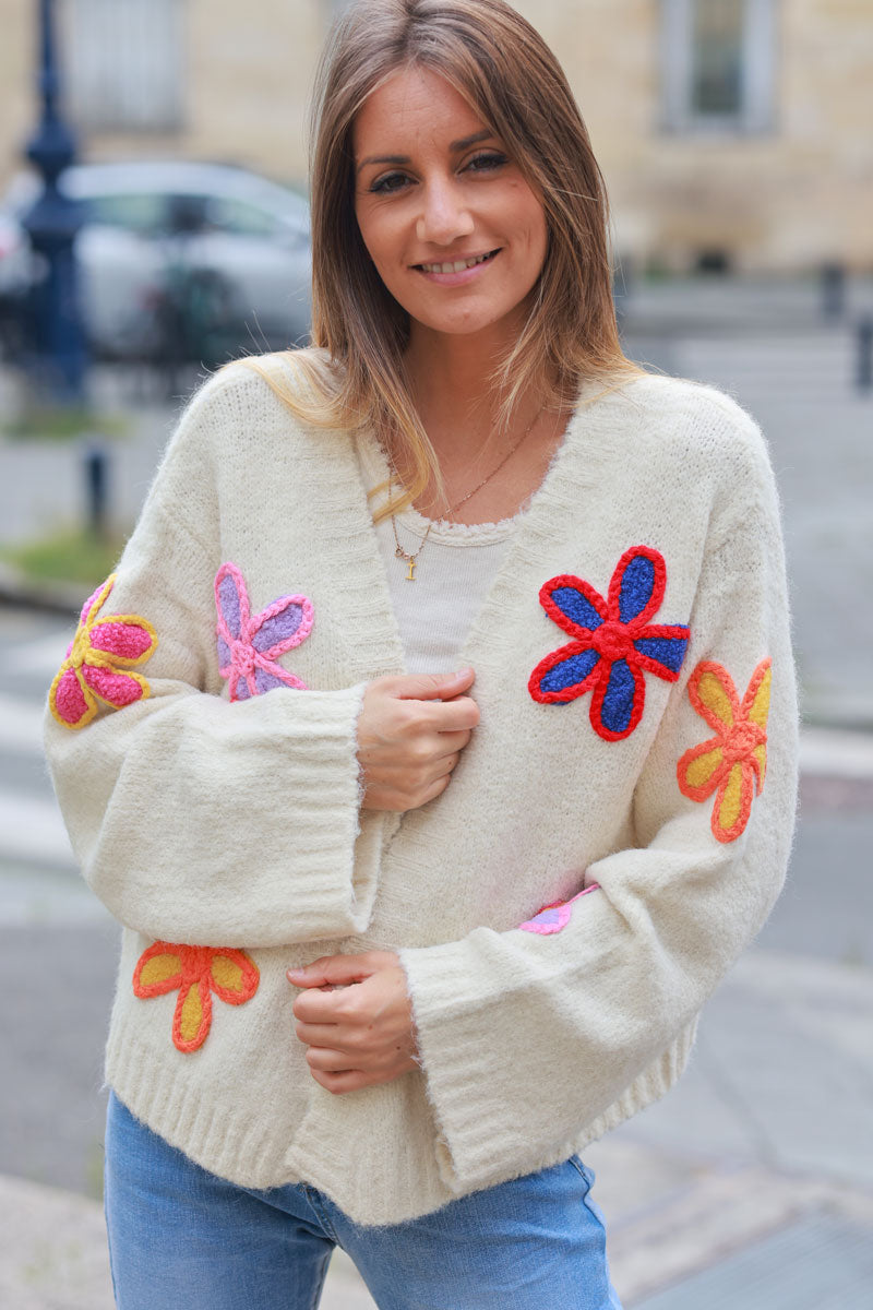 Ecru soft knit cardigan with vibrant flower embroidery