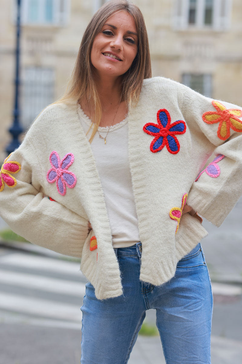 Ecru soft knit cardigan with vibrant flower embroidery