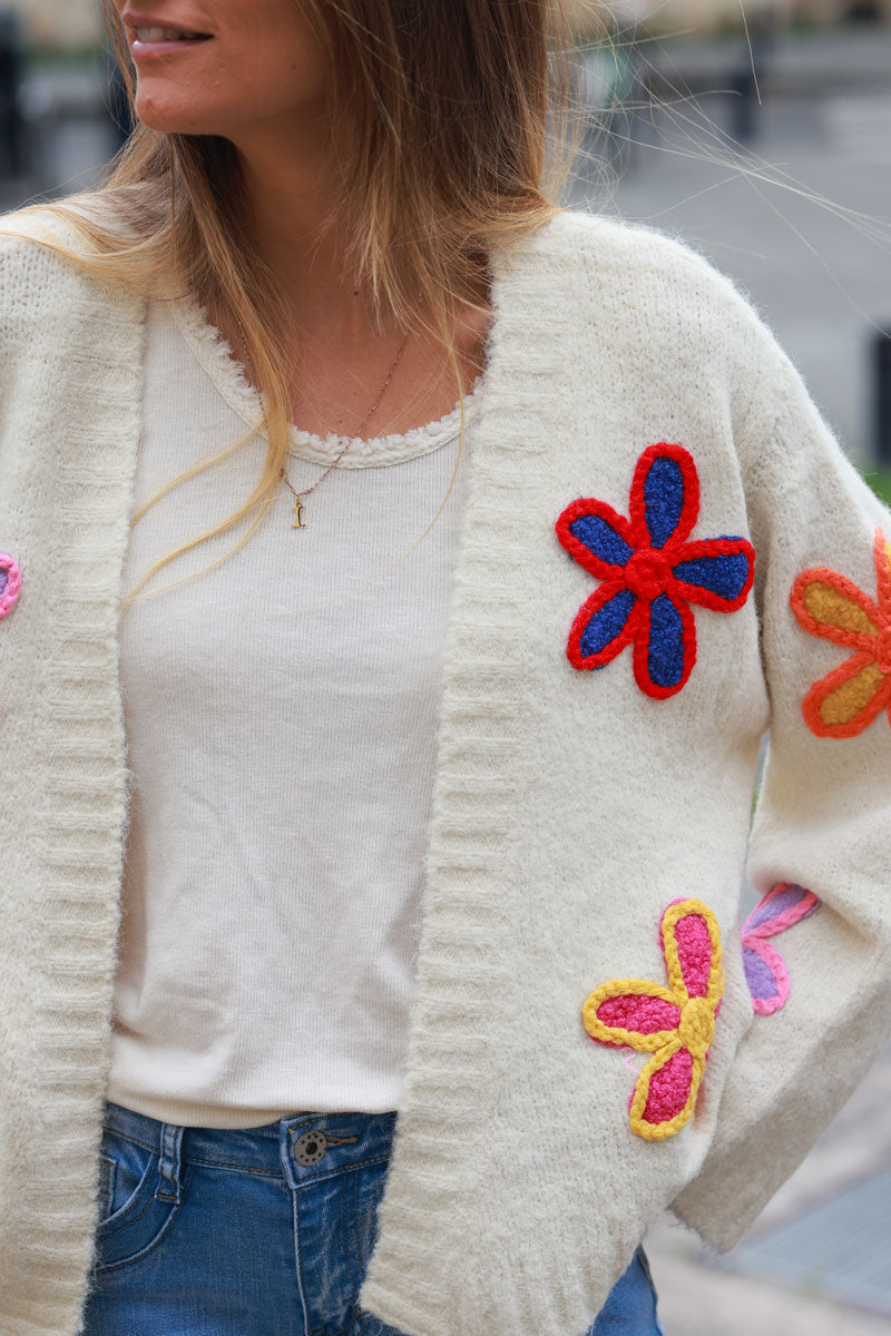 Ecru soft knit cardigan with vibrant flower embroidery