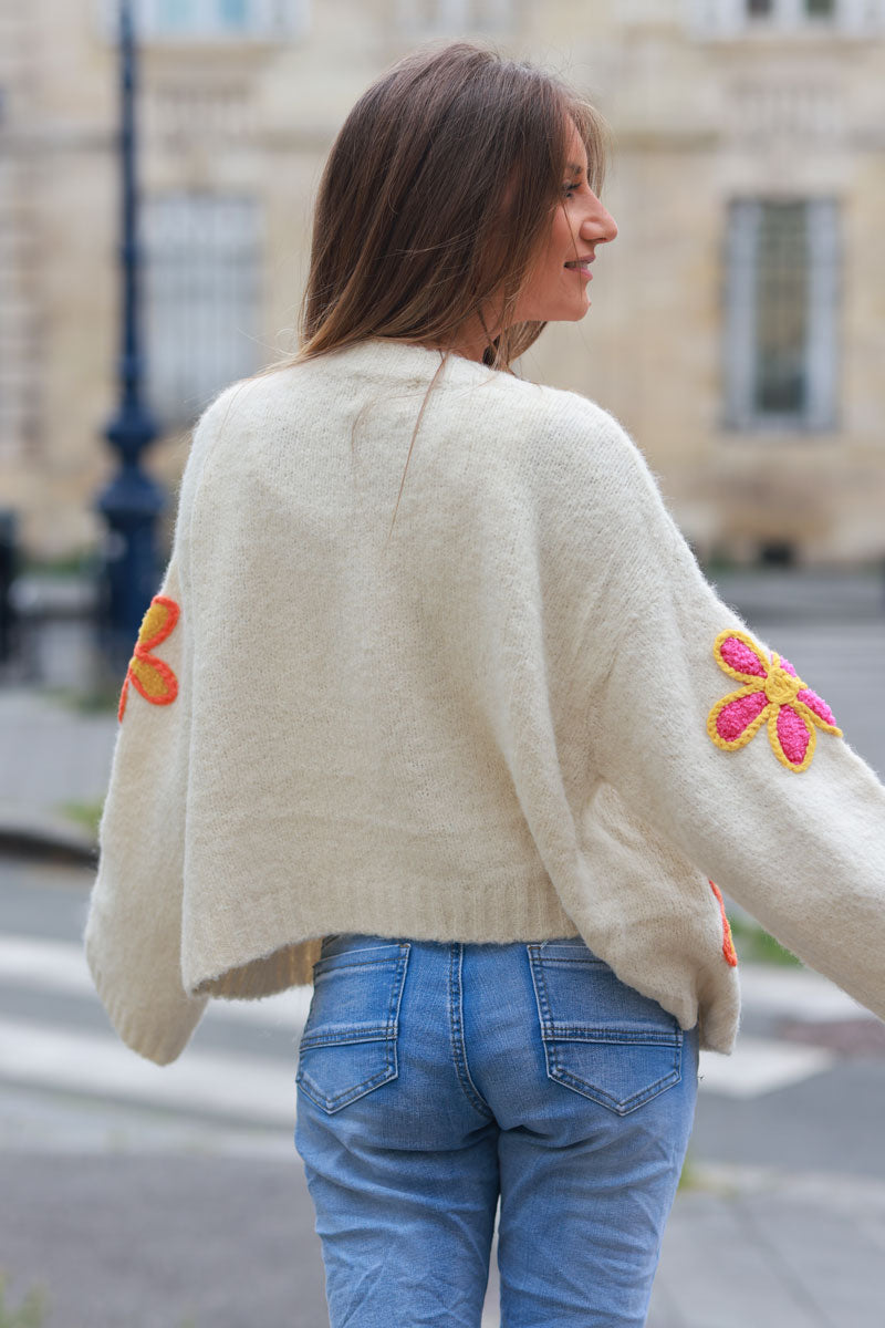 Ecru soft knit cardigan with vibrant flower embroidery