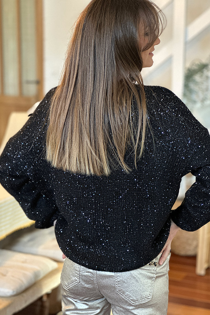 Black Sparkle Knit Button-Down Cardigan