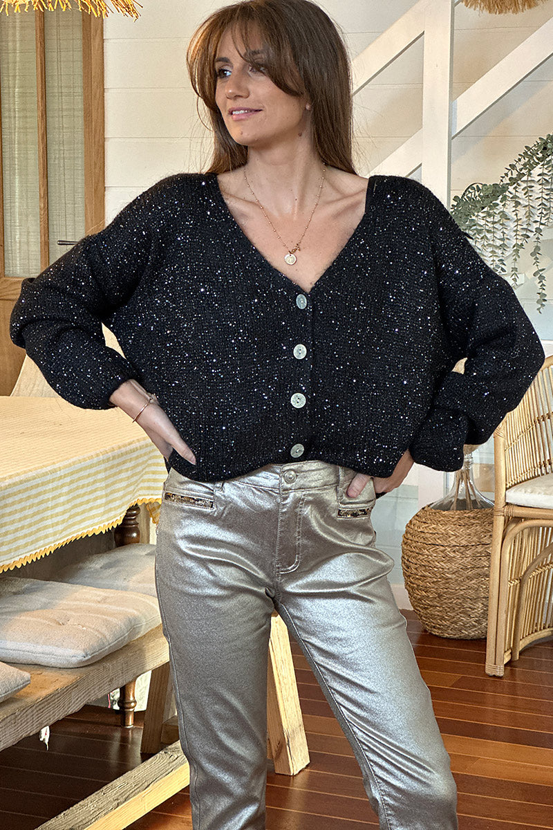 Black Sparkle Knit Button-Down Cardigan