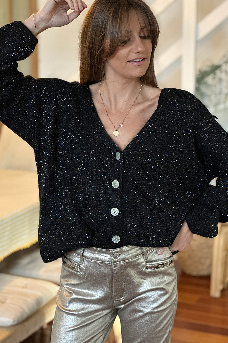 Black Sparkle Knit Button-Down Cardigan