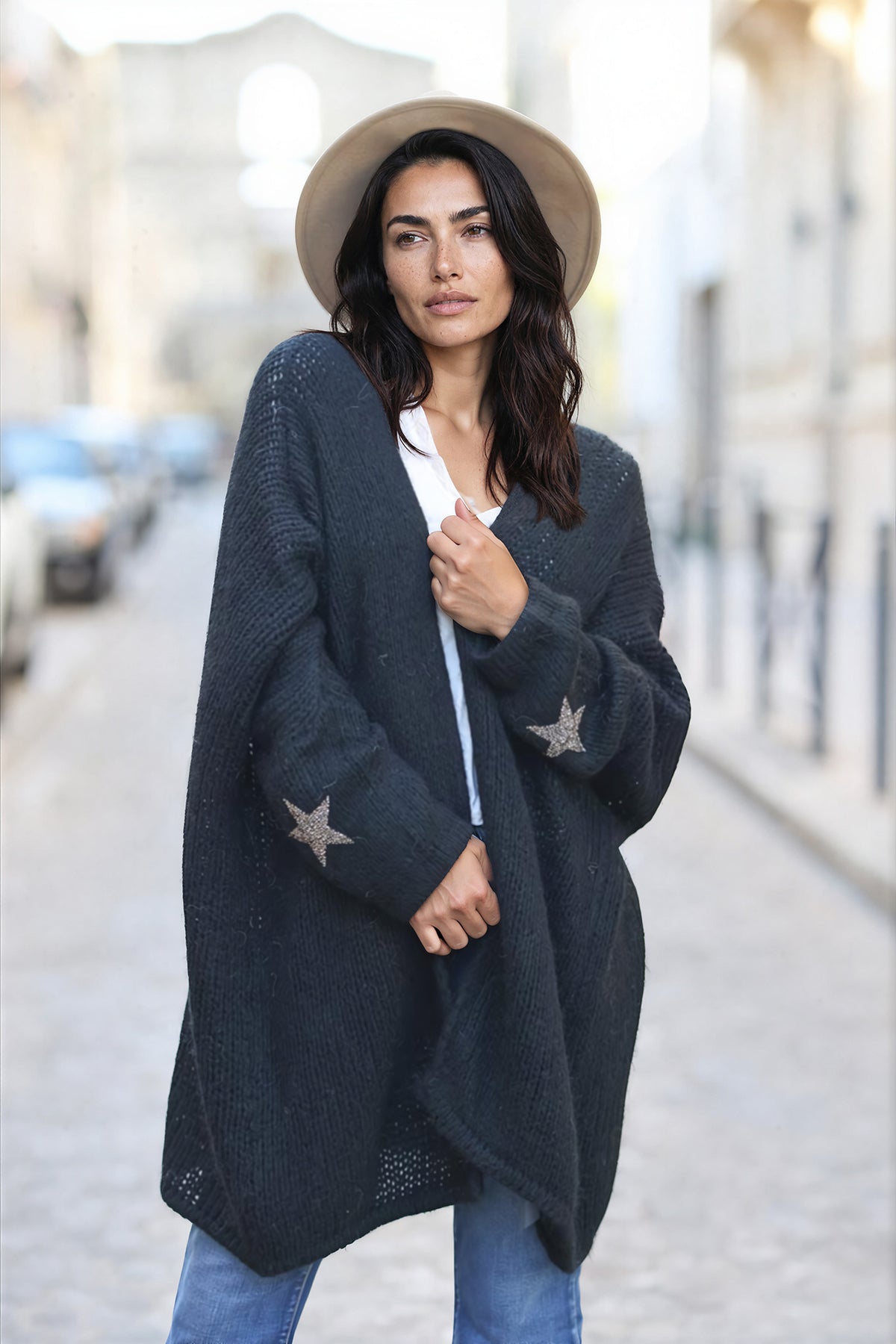 Black Drop-Sleeve Knit Duster with Star Studded Cuffs