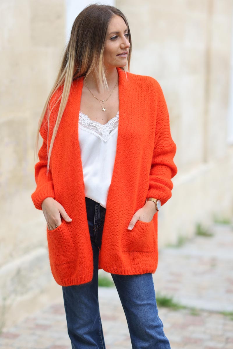 Gilet orange sanguine col enveloppant avec poches c021 (1)
