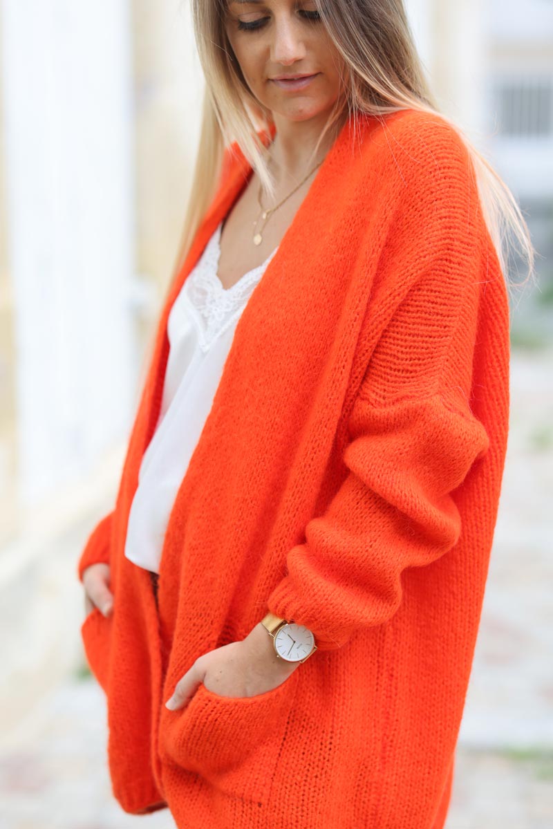 Gilet orange sanguine col enveloppant avec poches c021 (1)