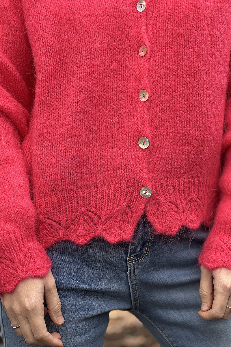 Coral Scalloped Hem Mohair Knit Cardigan