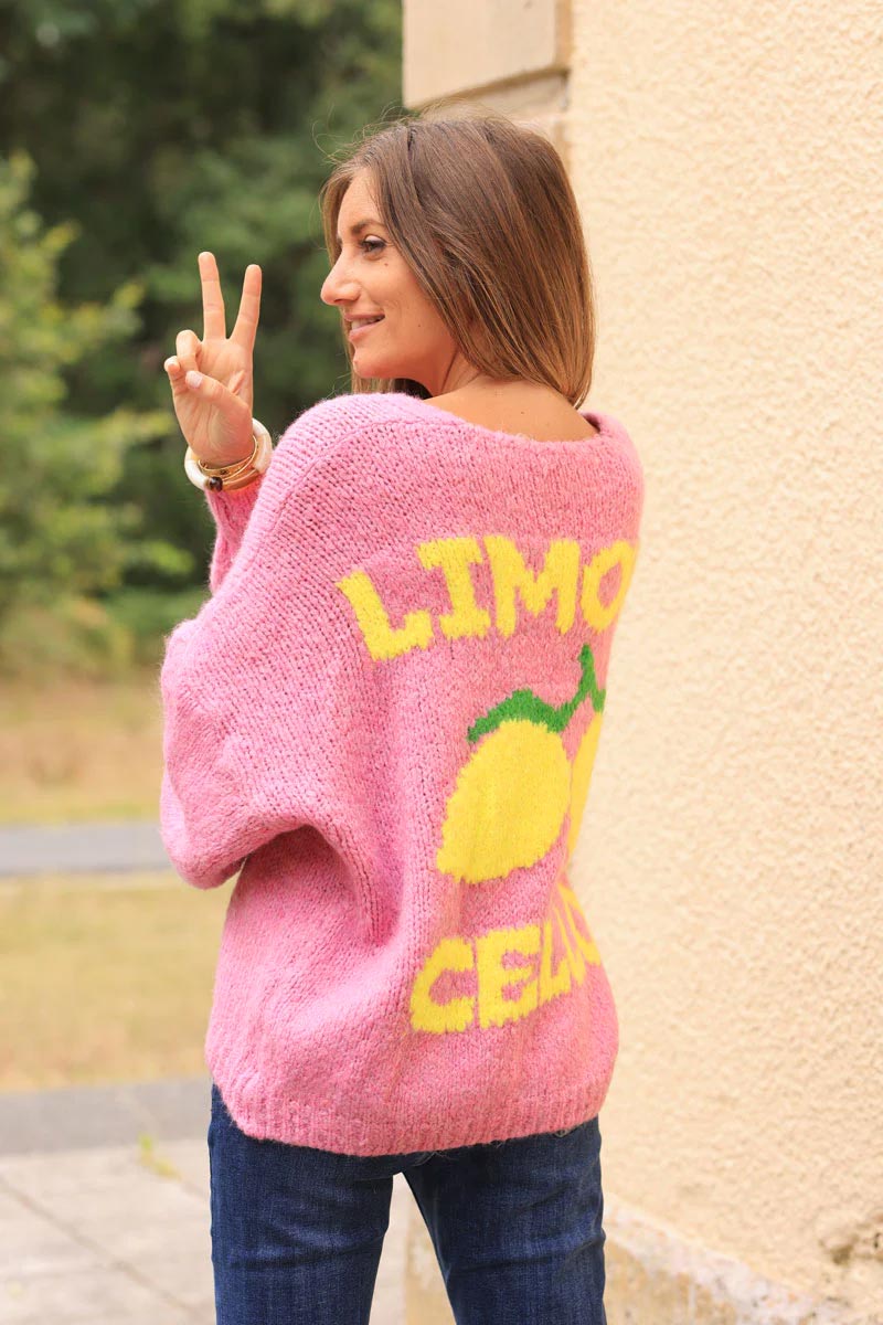 Pink chunky knit cardigan with lemon 'limoncello' back pattern