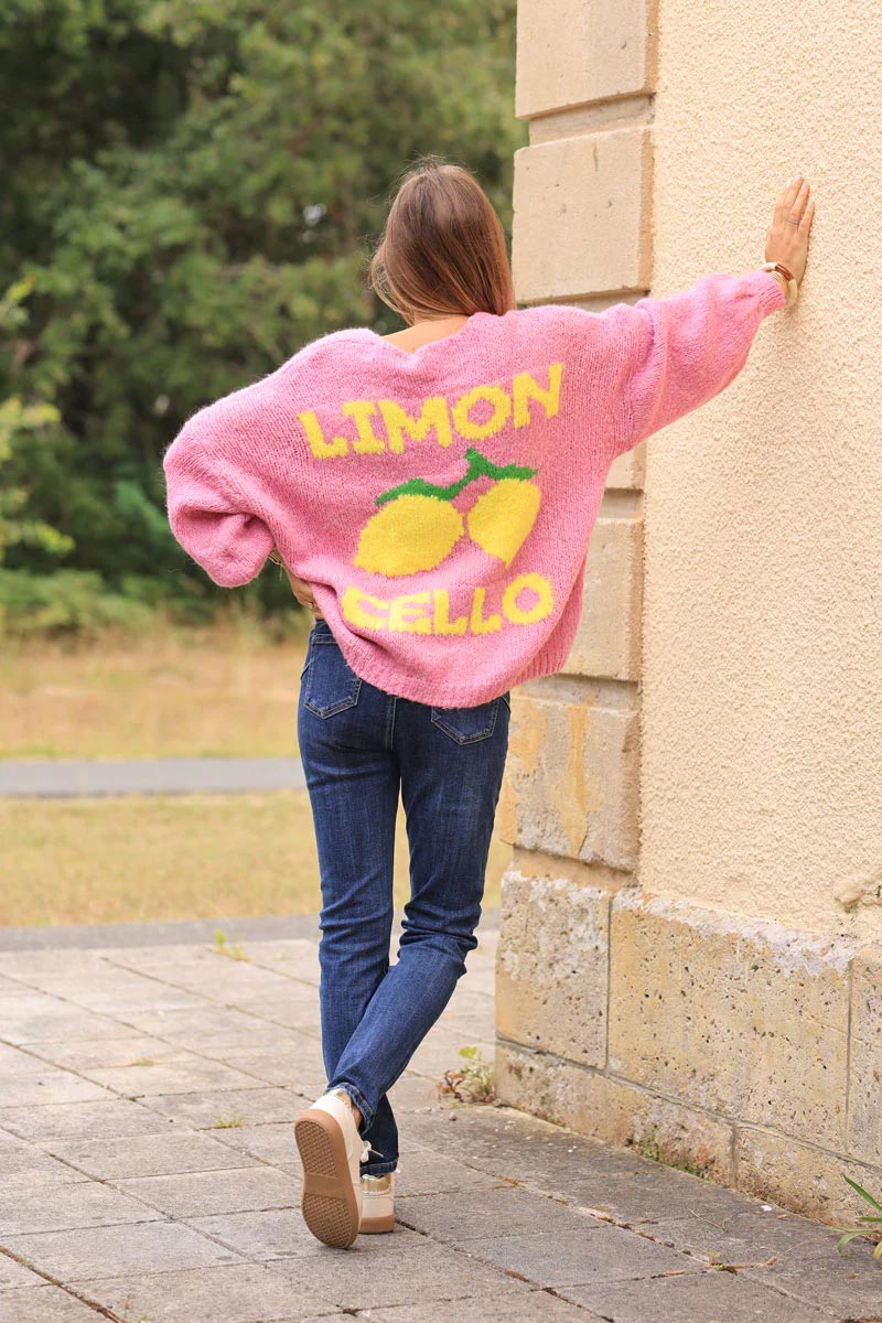 Pink chunky knit cardigan with lemon 'limoncello' back pattern