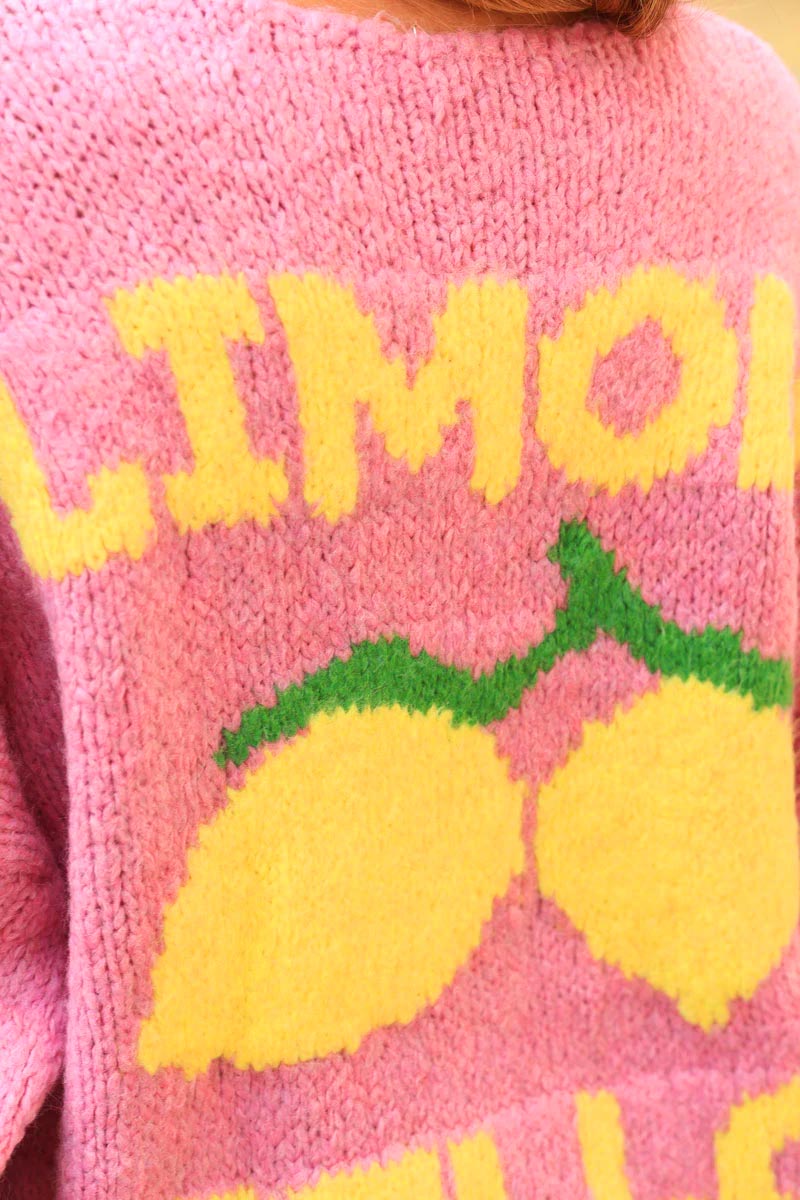 Pink chunky knit cardigan with lemon 'limoncello' back pattern