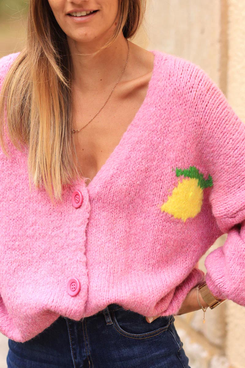 Pink chunky knit cardigan with lemon 'limoncello' back pattern