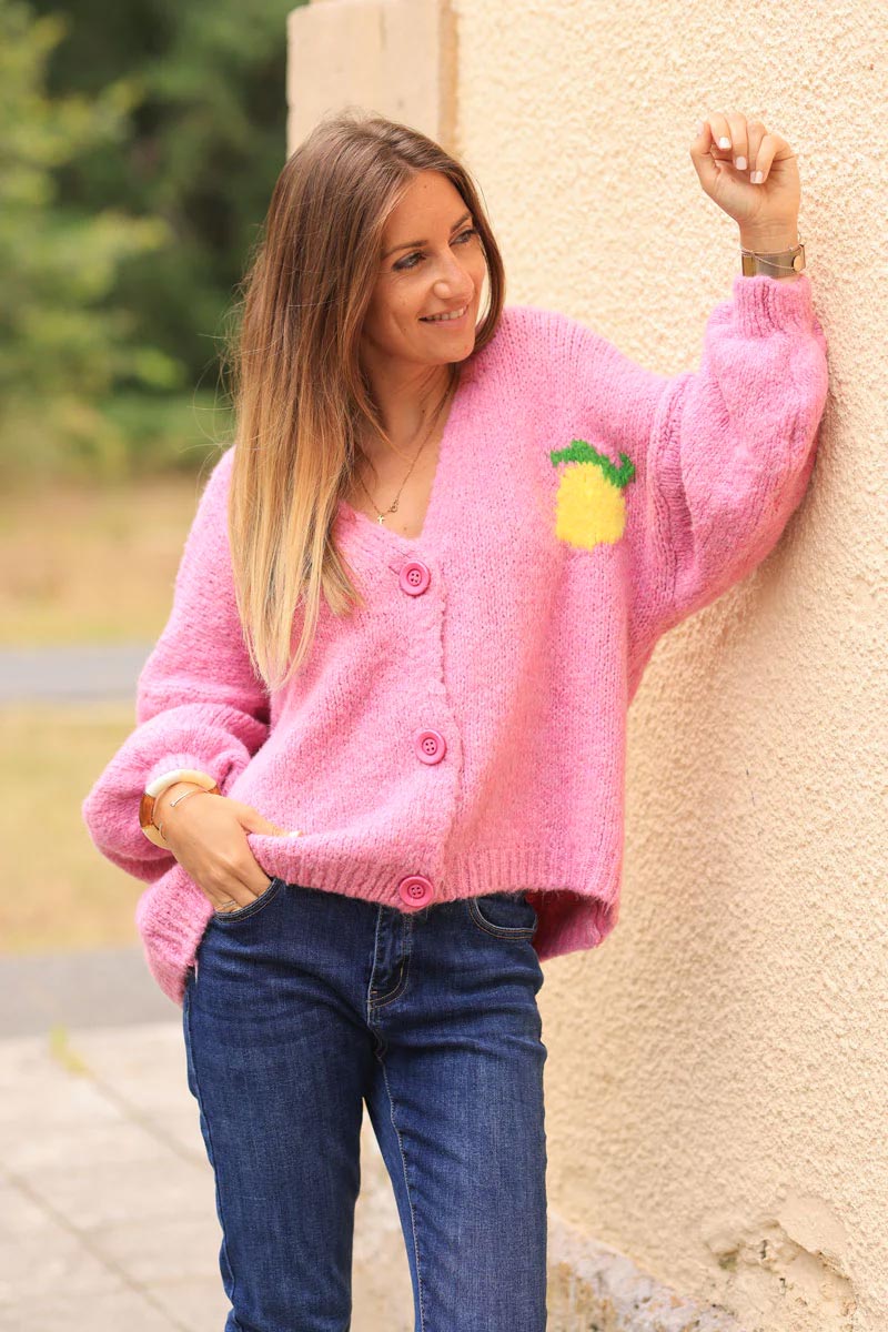 Pink chunky knit cardigan with lemon 'limoncello' back pattern