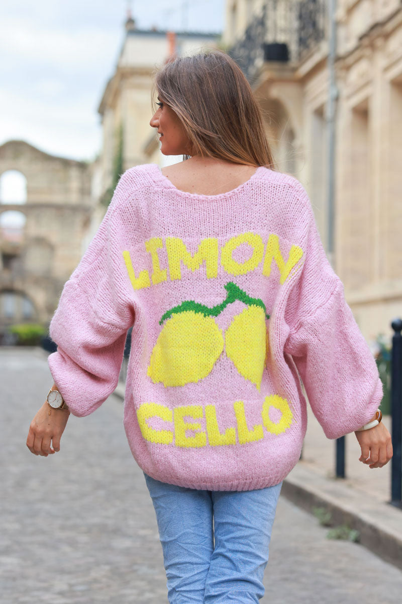 Soft pink chunky knit cardigan with lemon 'limoncello' back pattern