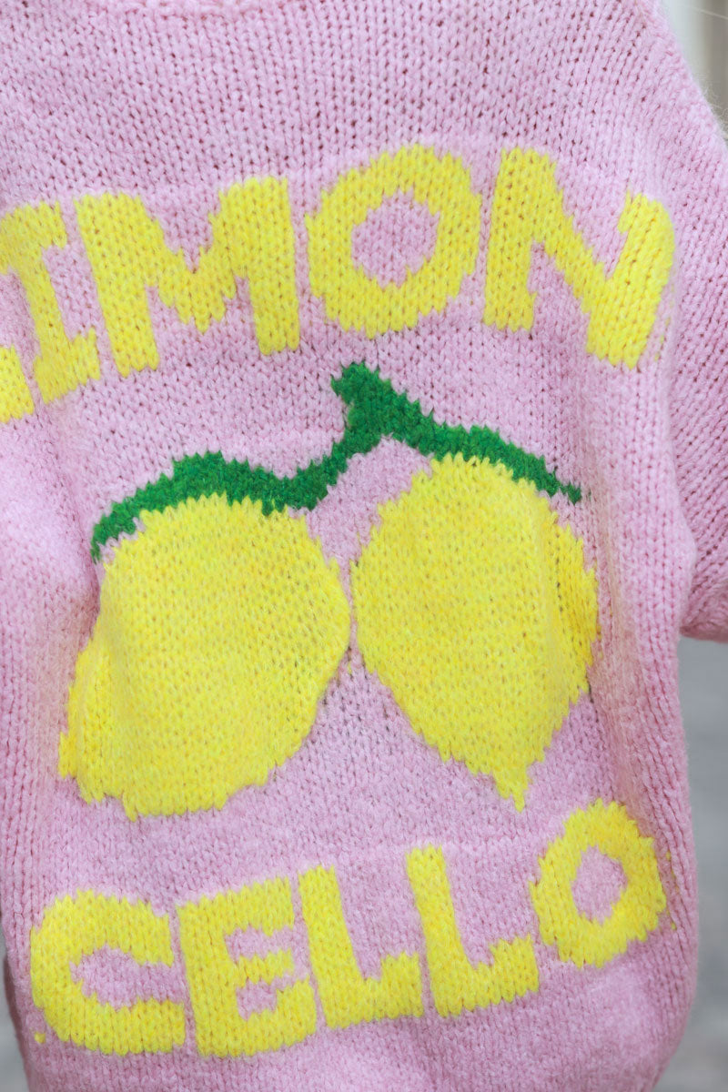 Soft pink chunky knit cardigan with lemon 'limoncello' back pattern