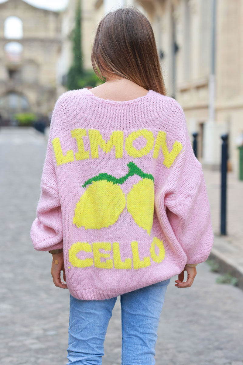 Soft pink chunky knit cardigan with lemon 'limoncello' back pattern