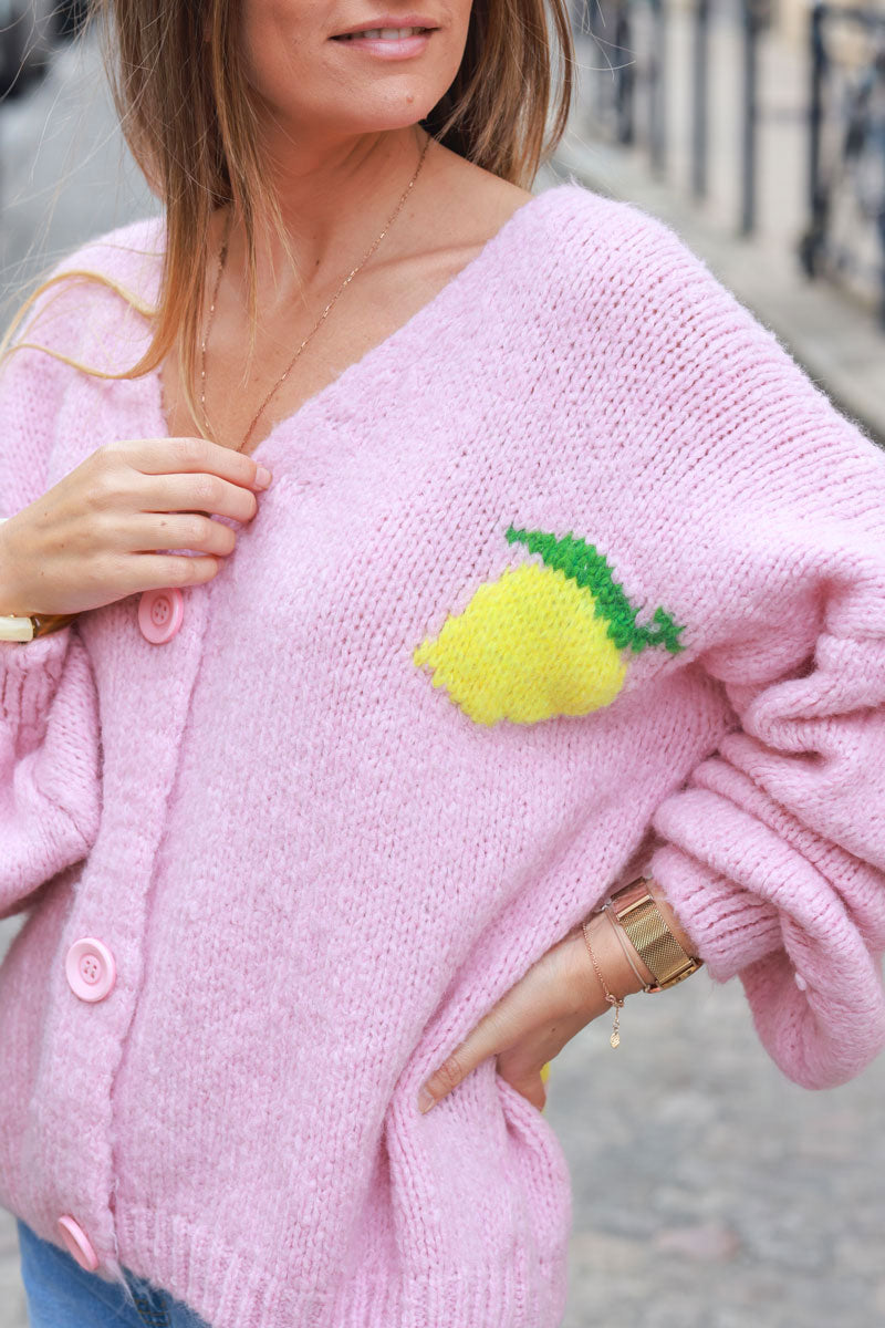 Soft pink chunky knit cardigan with lemon 'limoncello' back pattern