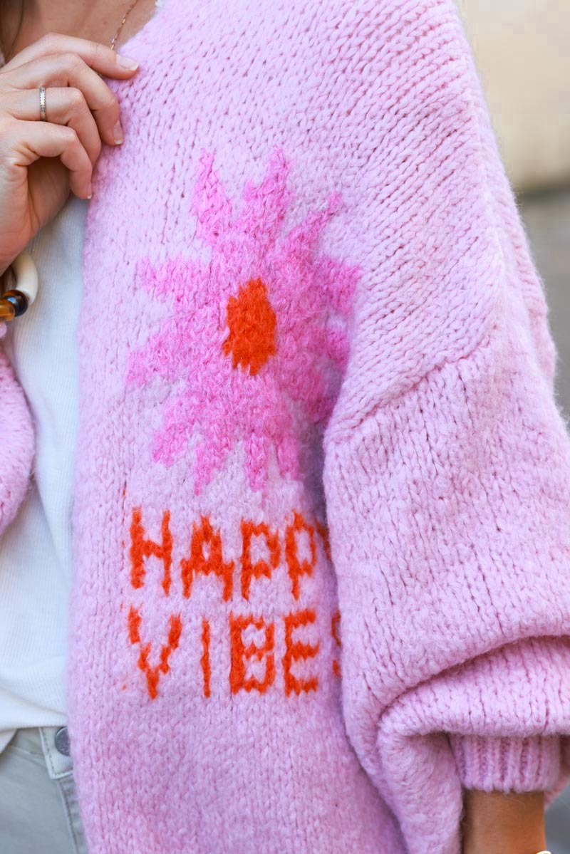 'Happy vibes' cardigan soft pink, chunky knit, balloon sleeves