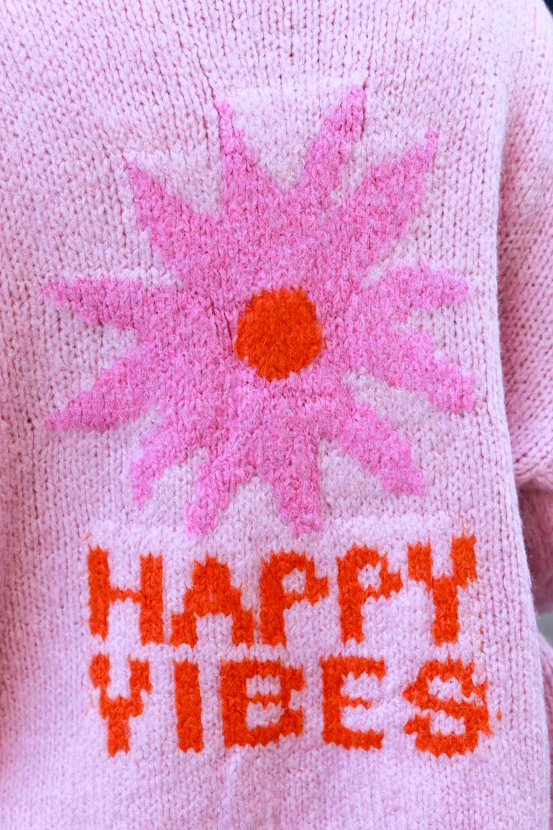 'Happy vibes' cardigan soft pink, chunky knit, balloon sleeves