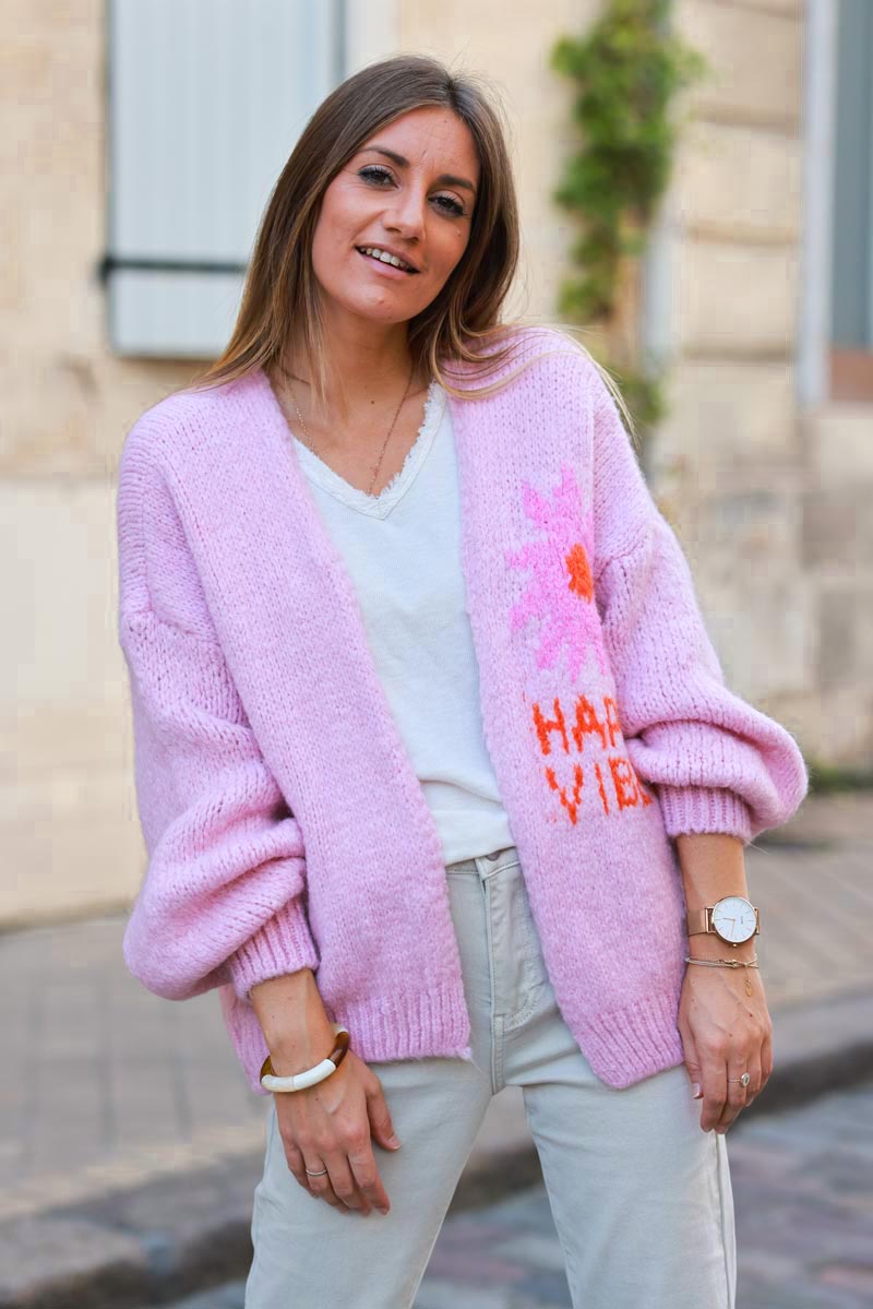 'Happy vibes' cardigan soft pink, chunky knit, balloon sleeves