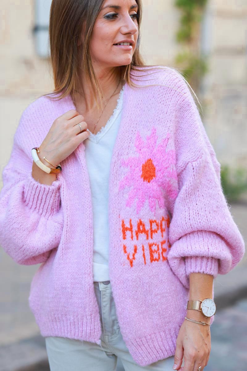 'Happy vibes' cardigan soft pink, chunky knit, balloon sleeves