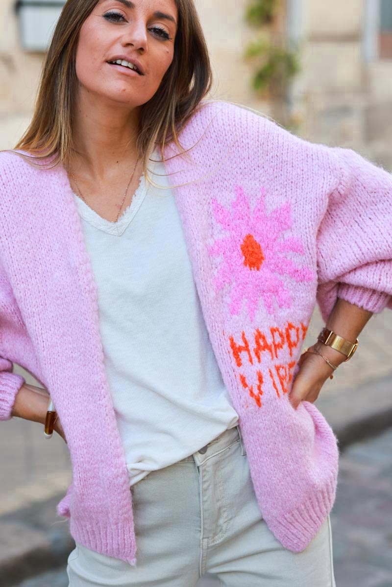 Happy Vibes Soft Pink Cardigan Chunky knit balloon sleeves Horizons Lointains Paris