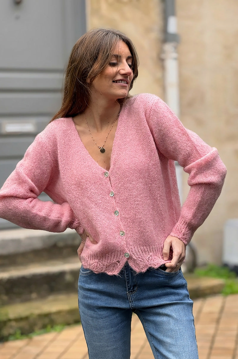  Baby Pink Scalloped Hem Mohair Knit Cardigan