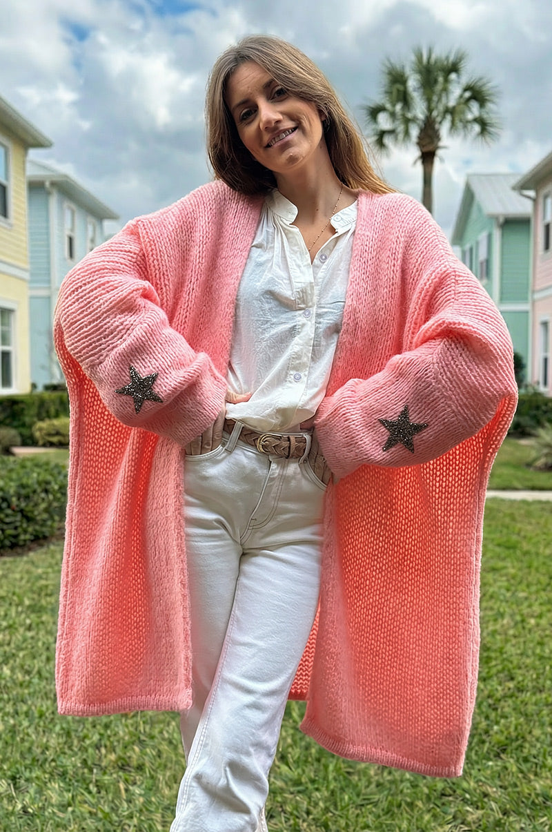 Salmon Drop-Sleeve Knit Duster with Star Studded Cuffs