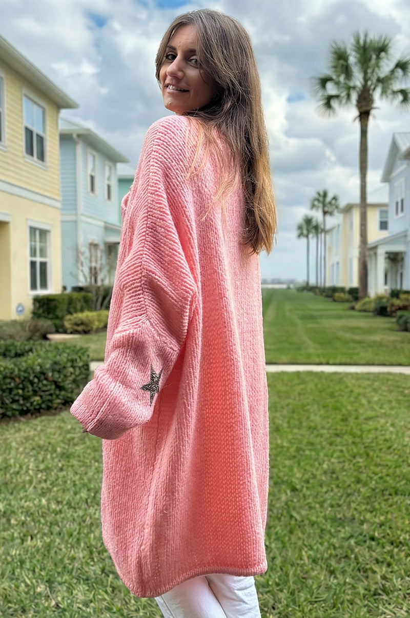 Salmon Drop-Sleeve Knit Duster with Star Studded Cuffs