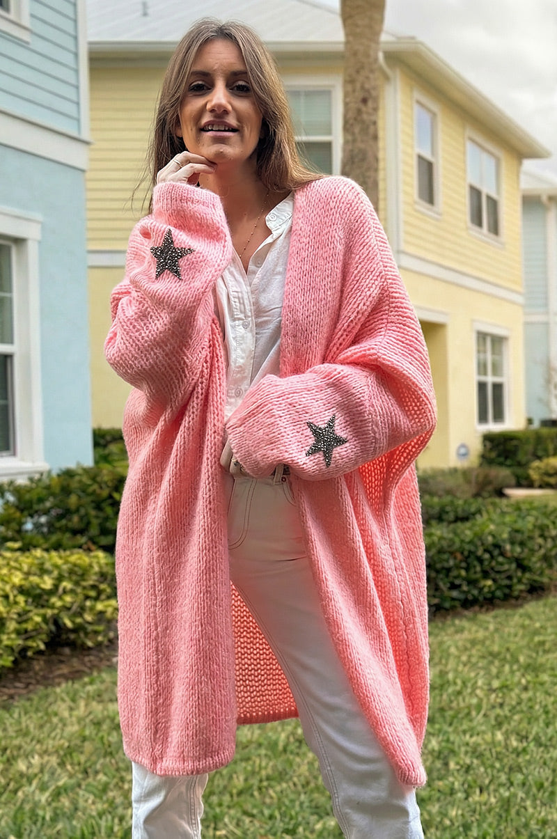 Salmon Drop-Sleeve Knit Duster with Star Studded Cuffs