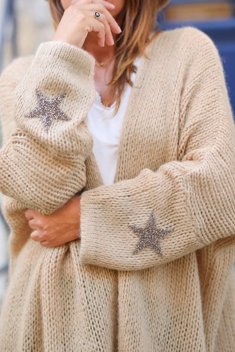 Light camel Drop-Sleeve Knit Duster with Star Studded Cuffs