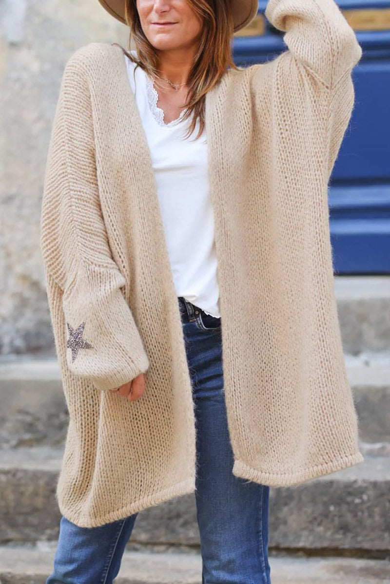 Light camel Drop-Sleeve Knit Duster with Star Studded Cuffs