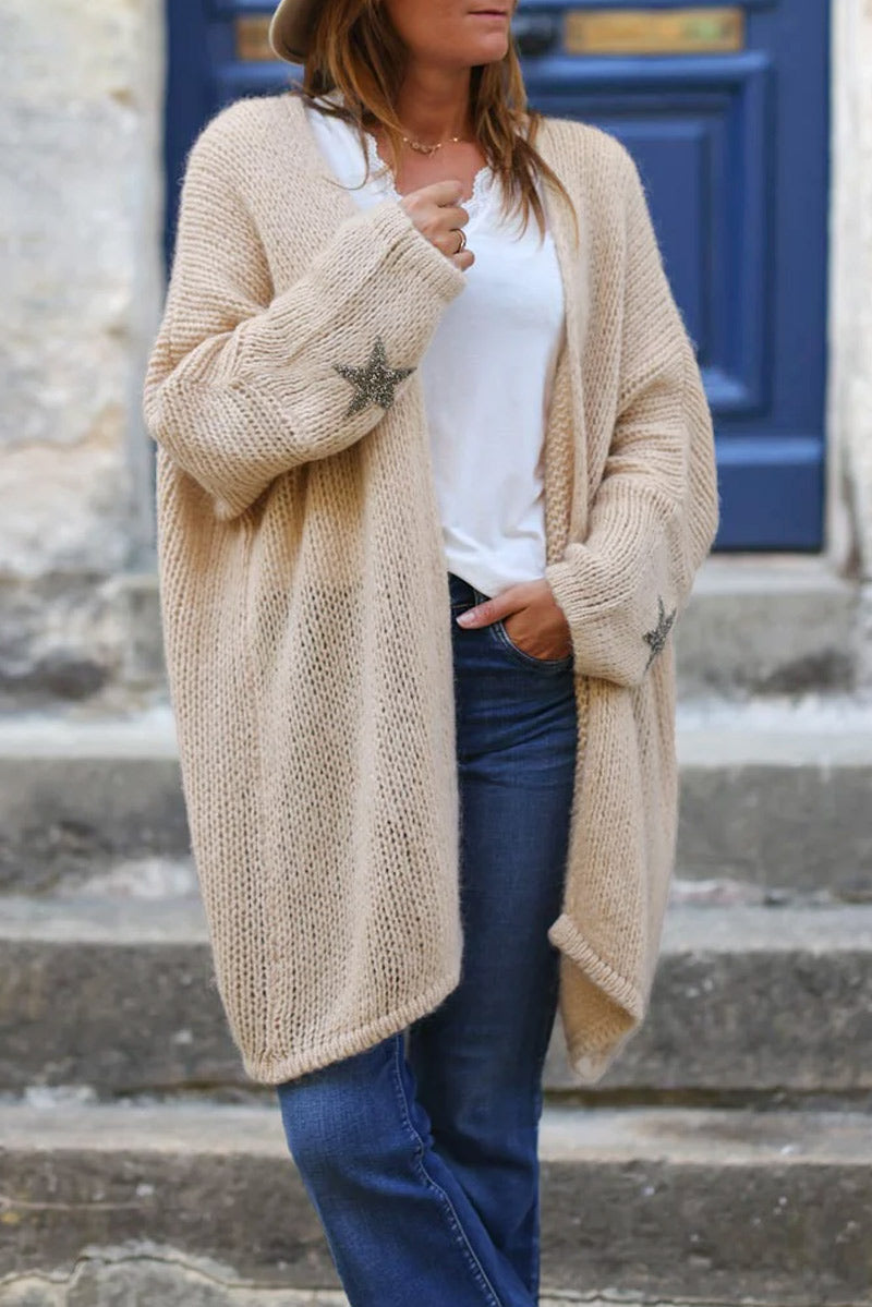 Light camel Drop-Sleeve Knit Duster with Star Studded Cuffs