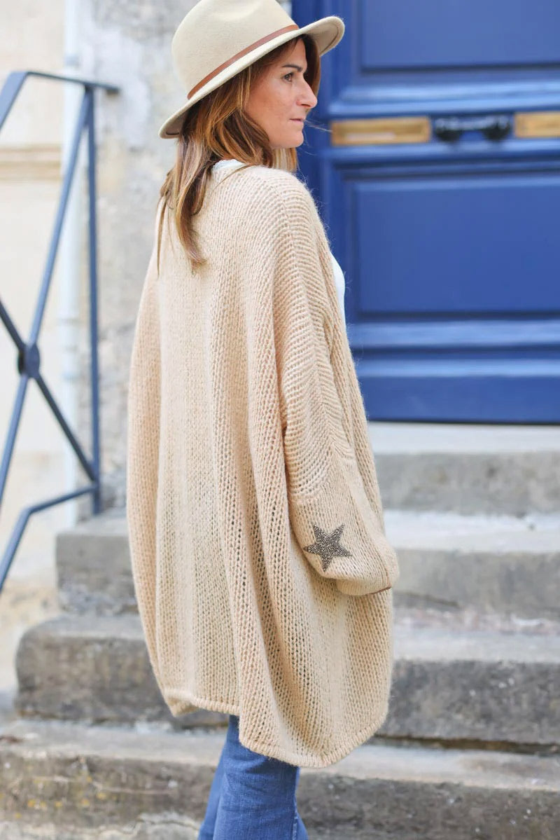 Light camel Drop-Sleeve Knit Duster with Star Studded Cuffs