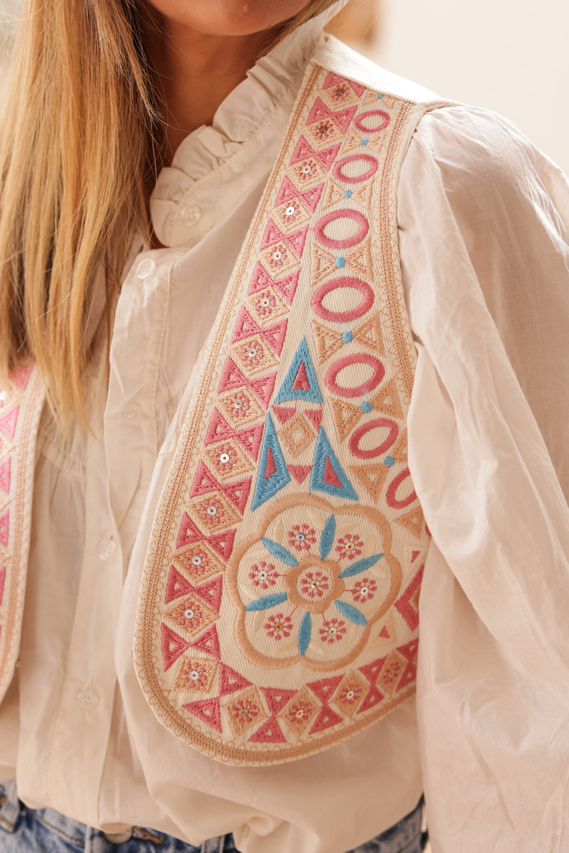 Beige jean waistcoat with pink emboridered and sequin aztec print