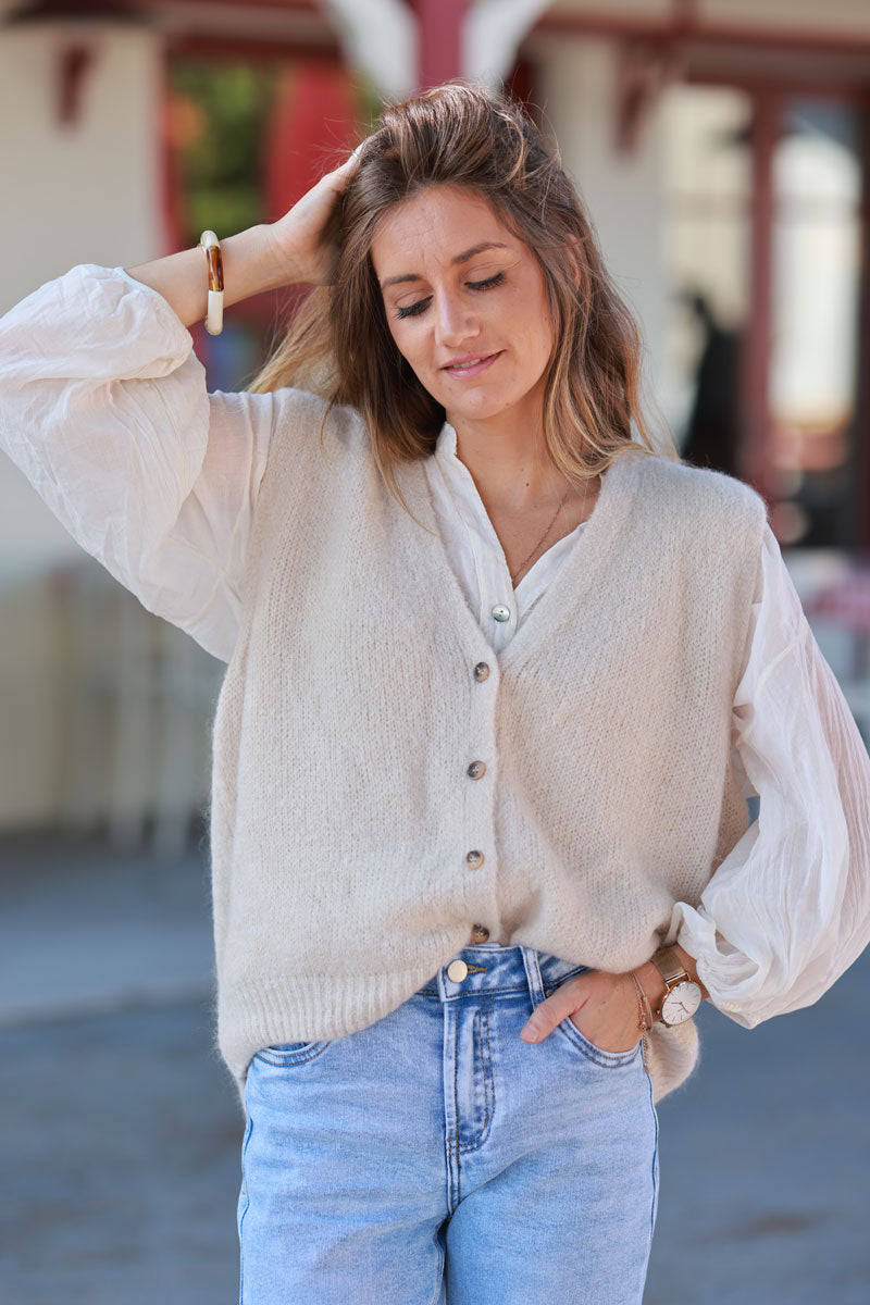 Beige Soft Knit Wool Blend Vest