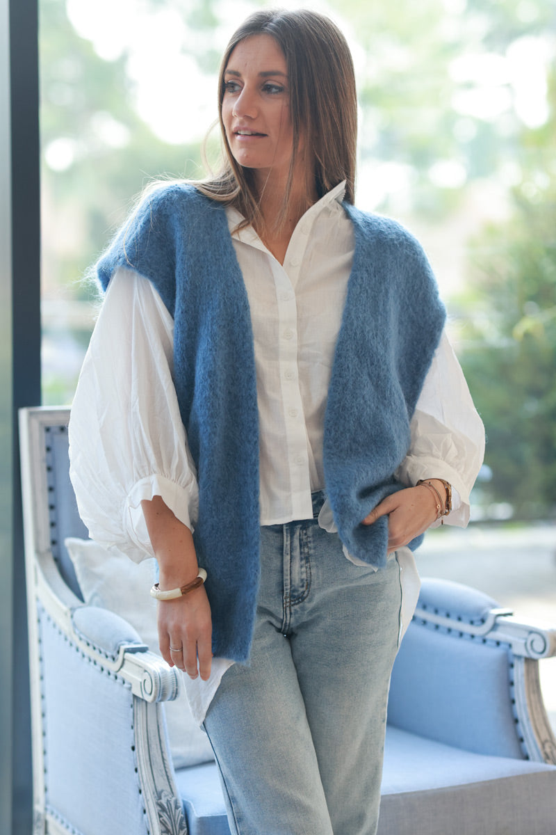 Blue jean loose sleeveless cardigan in kid mohair chunky knit