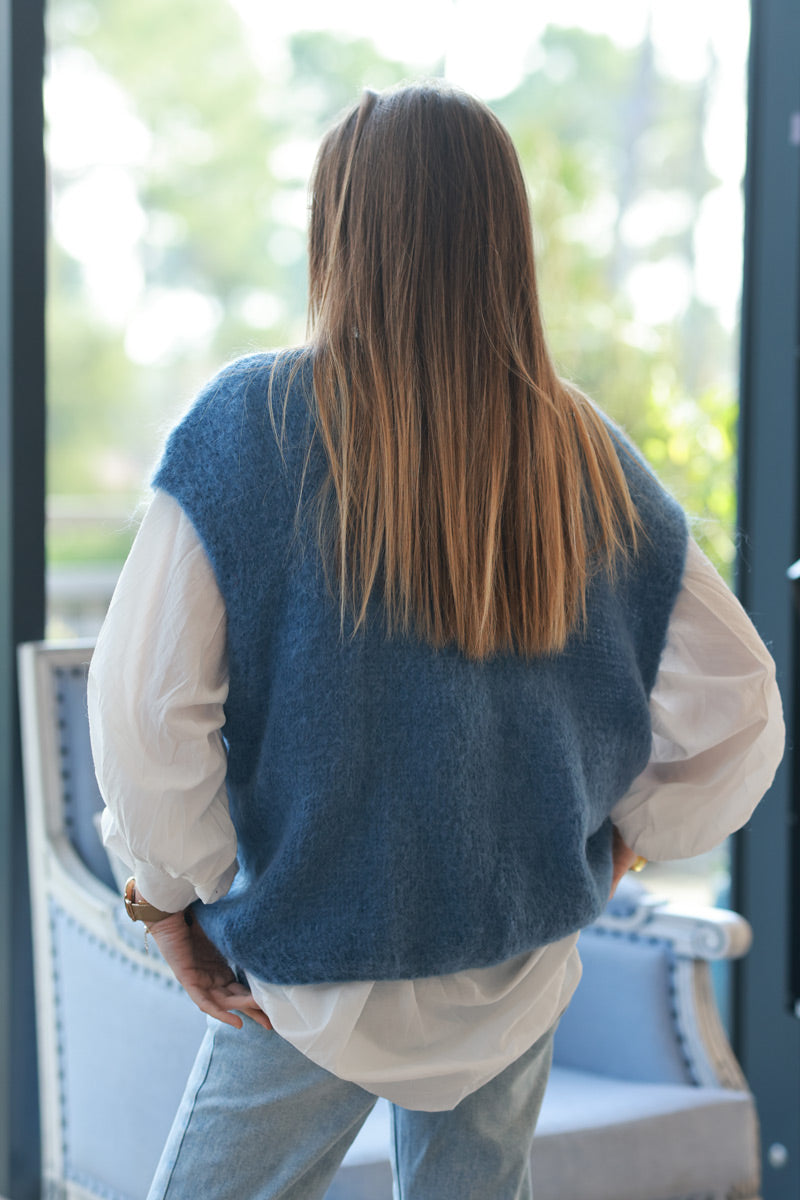 Blue jean loose sleeveless cardigan in kid mohair chunky knit