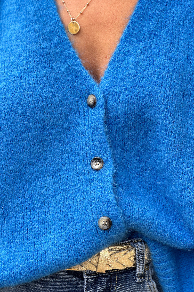 Gilet sans manches bleu roi en maille moelleuse kid mohair boutons écaille