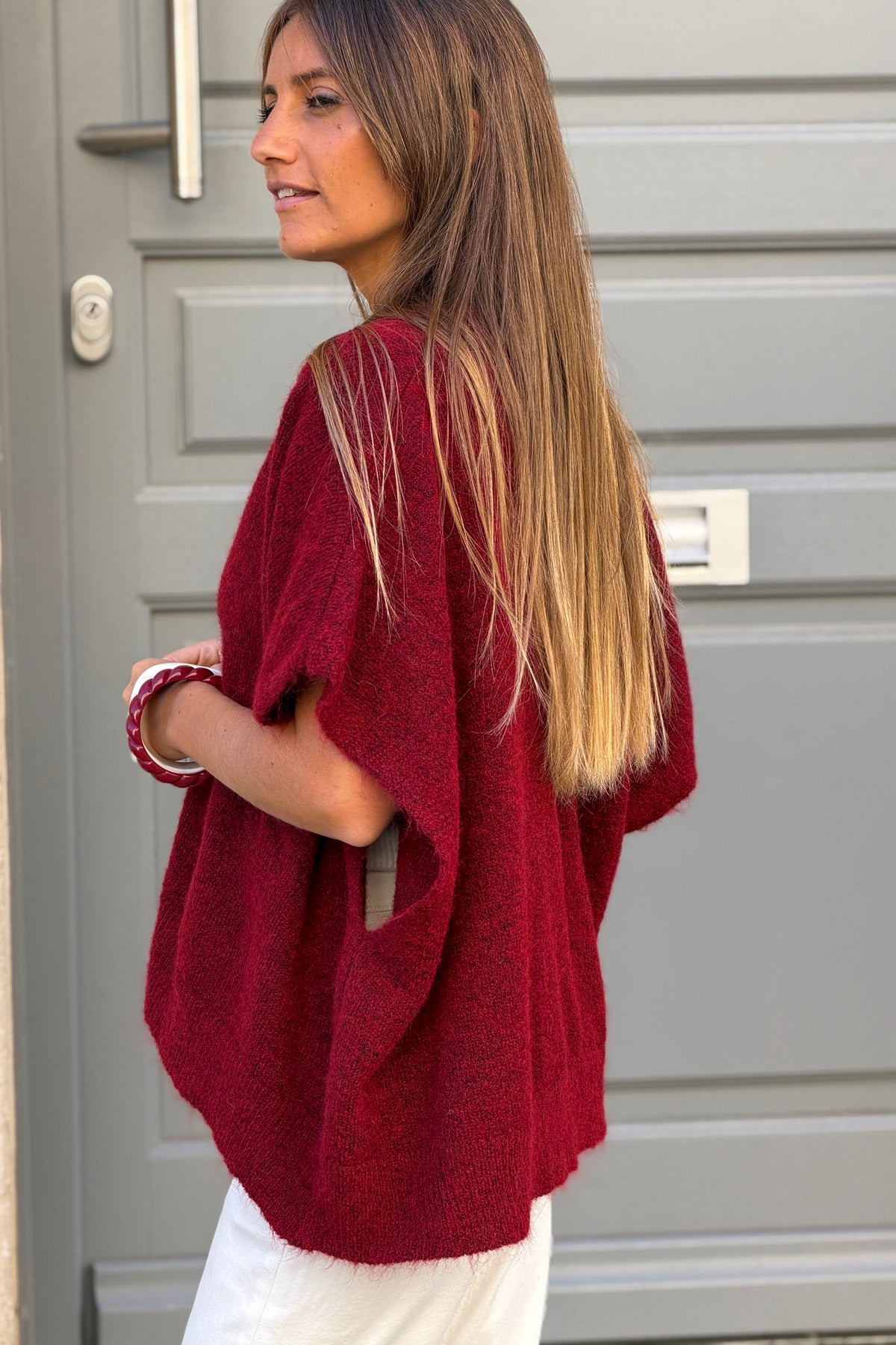 Gilet sans manches bordeaux coupe loose en maille chinée boutons nacrés