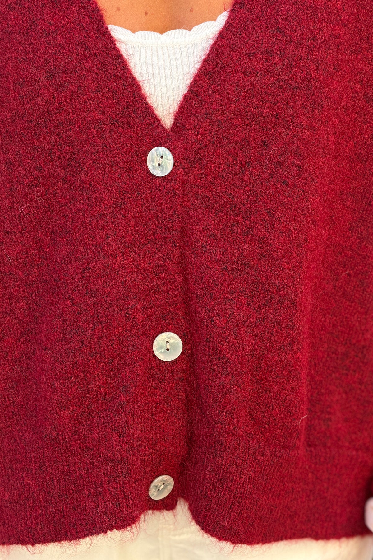 Gilet sans manches bordeaux coupe loose en maille chinée boutons nacrés