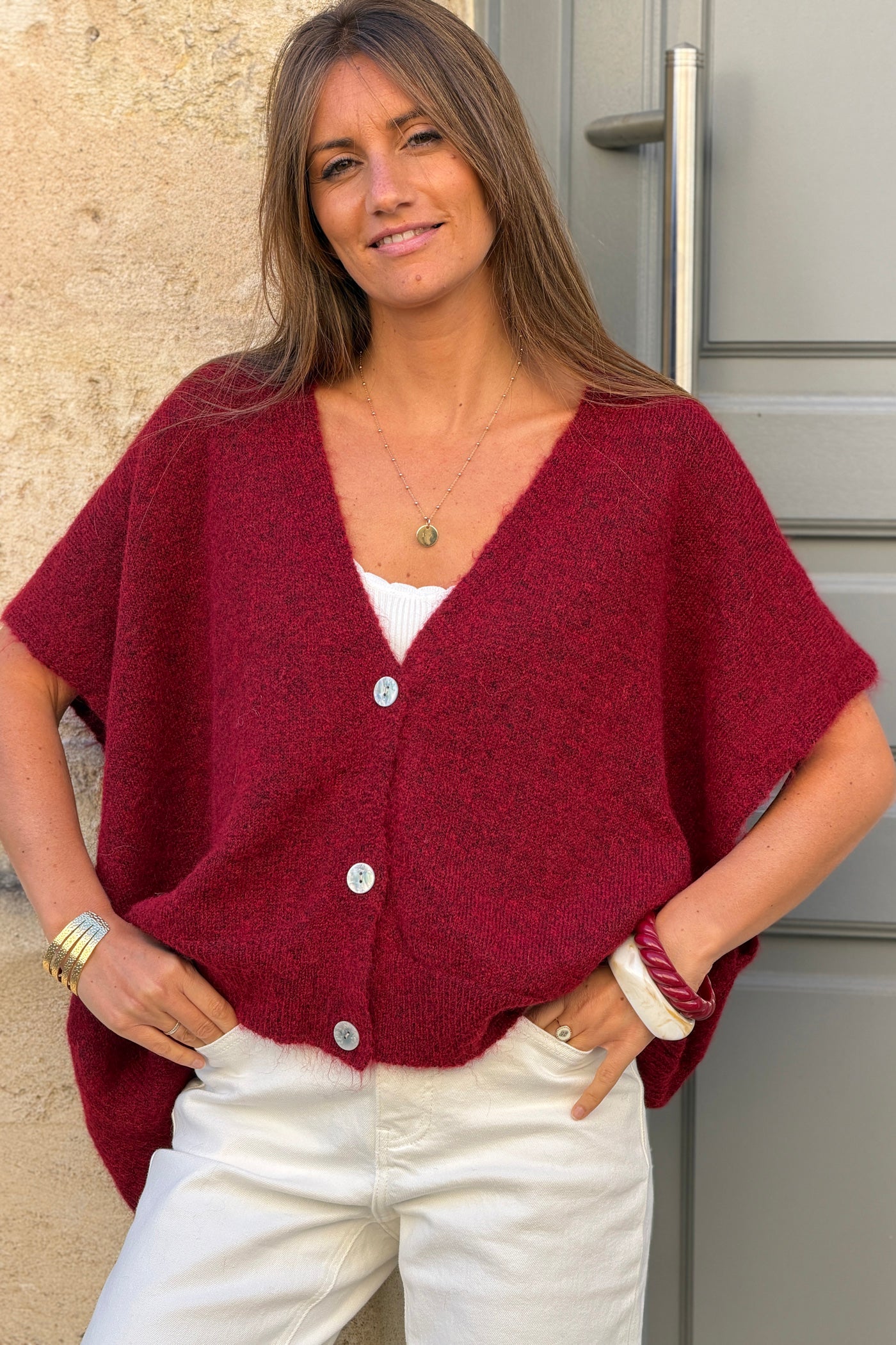 Gilet sans manches bordeaux coupe loose en maille chinée boutons nacrés