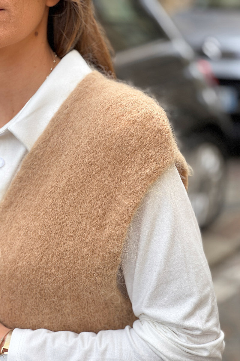 Camel Slouchy Mohair Knit Vest
