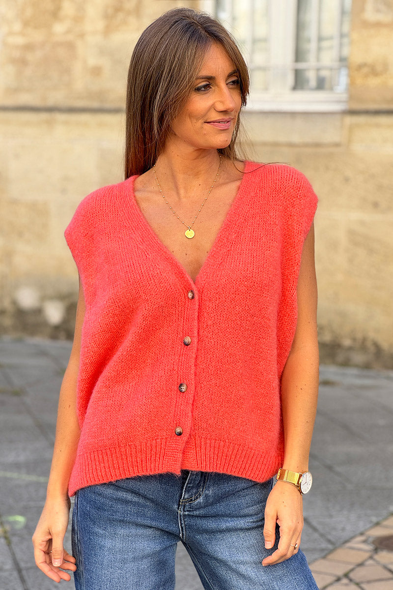 Gilet sans manches corail en maille moelleuse kid mohair boutons écaille