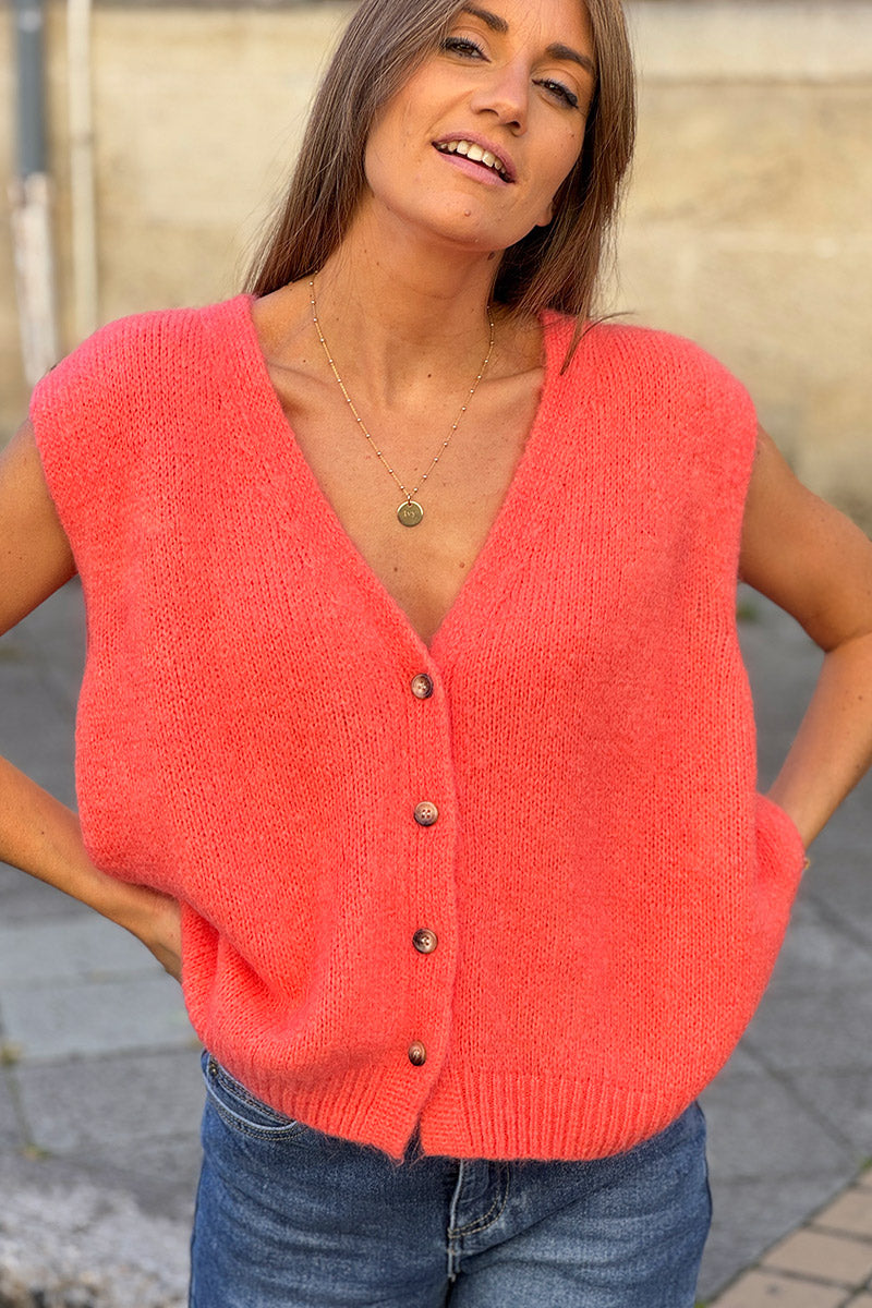 Gilet sans manches corail en maille moelleuse kid mohair boutons écaille
