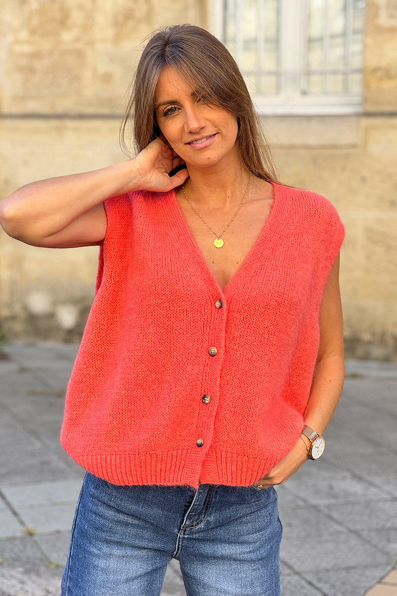 Gilet sans manches corail en maille moelleuse kid mohair boutons écaille