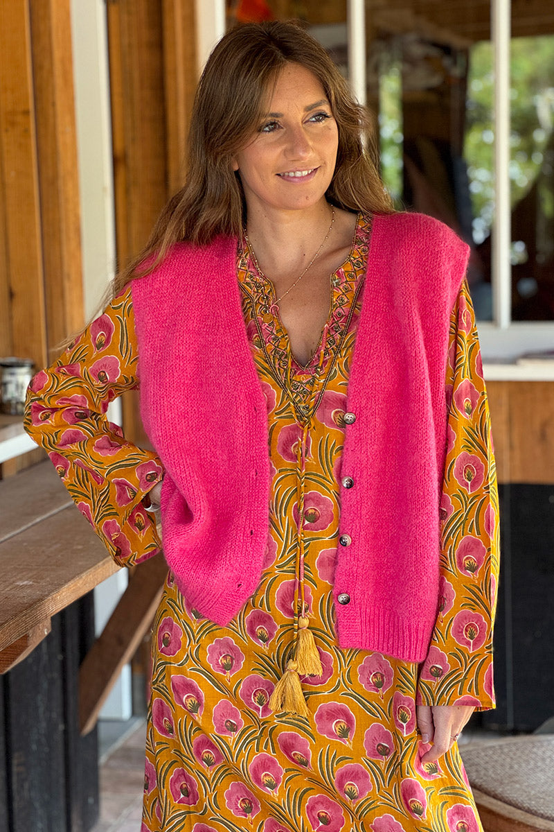 Gilet sans manches fuchsia en maille moelleuse kid mohair boutons ecaille