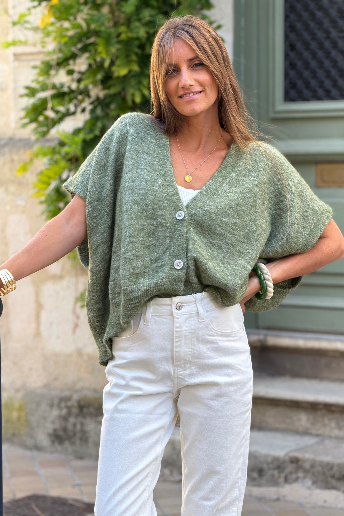 Gilet sans manches kaki coupe loose en maille chinée boutons nacrés